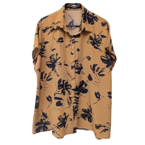 Creation XXL plus sized button down blouse in golden yellow and navy - Picture 1 of 12